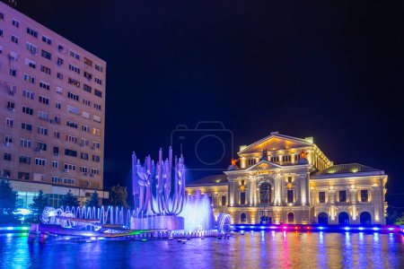 Night view of the kinetic fountain and the palace of culture in Drobeta-Turnu Severin in Romania