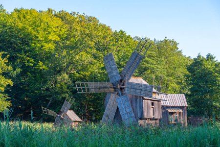 Wooden windmills at Astra ethnography museum in Sibiu, Romania