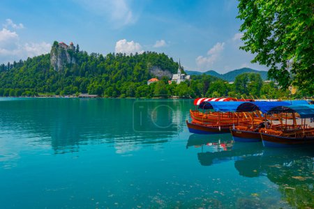 Gondolas in front of the Bled castle in Slovenia
