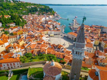 Aerial view of the cathedral and city center of Piran, Slovenia