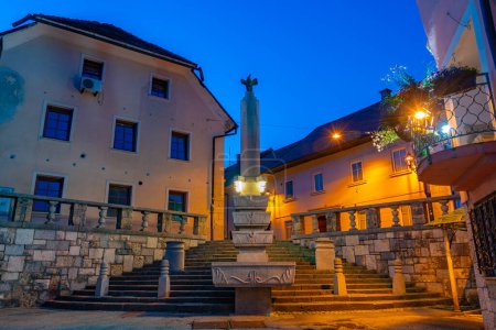 Sunset view of Plecnik staircase and arcades in Kranj, Slovenia