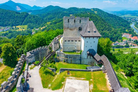 Aerial view of Celje castle and surrounding neighborhood, Slovenia