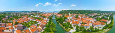Aerial view of the Ljubljanica river and the city center of Ljubljana, Slovenia