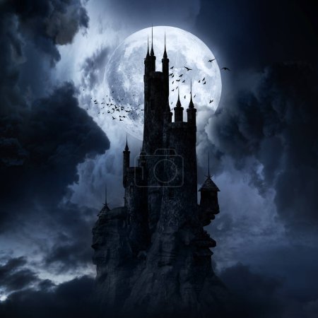 Téléchargez les photos : Night scene with moon and creepy castle - en image libre de droit