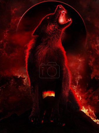 Fantasy scene with fiery wolf and black moon