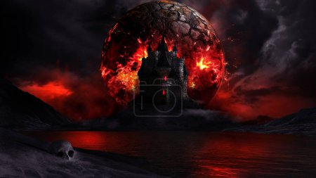 Téléchargez les photos : Fantasy scenery with  castle and burning moon - en image libre de droit