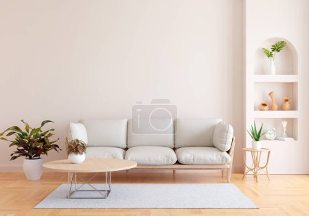 Foto de Sofá marrón en el interior de la sala de estar con espacio para copiar, representación 3D - Imagen libre de derechos