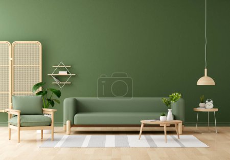 Téléchargez les photos : Canapé vert dans le salon intérieur vert avec espace de copie pour maquettes, rendu 3D - en image libre de droit