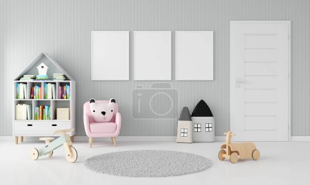 Foto de Interior gris de la habitación del niño con la maqueta del marco para arriba, representación 3D - Imagen libre de derechos