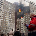 KYIV, UKRAINE - 20240207: Ukrainian rescuers extinguish a fire in a residential building following a missile attack in Kyiv 