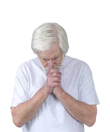 Photo for Vertical shot of an old man deep in thought or prayer.  White background.  Copy space. - Royalty Free Image
