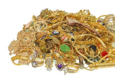 Photo for Horizontal shot of a multicolored pile of vintage jewelry isolated on white. - Royalty Free Image