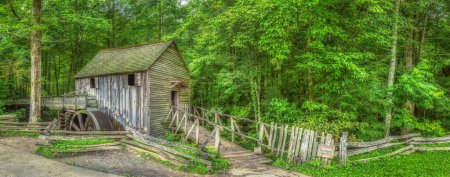 Photo for Cades Cove, Tennessee, United States  August 4, 2023: Horizontal panorama shot of Cades Cove Cable Grist Mill in Tennessee. - Royalty Free Image