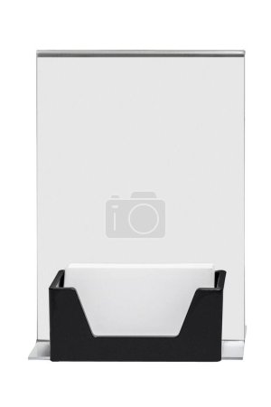 Vertical shot of a counter top business card holder with blank sign and cards.
