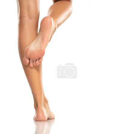 Photo for Pretty woman legs and sole feet on white studio background - Royalty Free Image