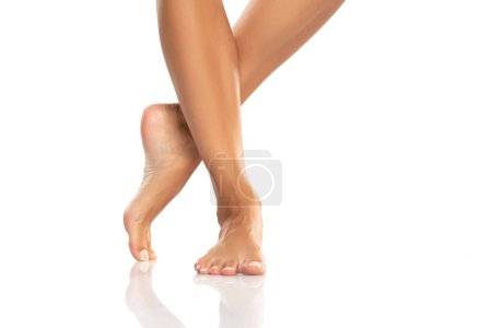 Téléchargez les photos : Vue de face des jambes et des pieds des femmes magnifiquement soignées sur fond blanc. - en image libre de droit
