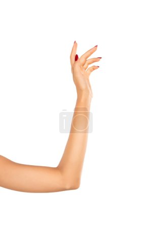 Téléchargez les photos : Belle femme isolée à la main sur fond de studio blanc. - en image libre de droit