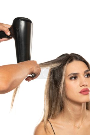 Téléchargez les photos : Coiffeur séchant les cheveux de la femme en studio sur un fond blanc - en image libre de droit
