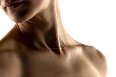 Foto de El primer plano del cuello y los hombros de una joven en la sombra sobre fondo blanco del estudio - Imagen libre de derechos