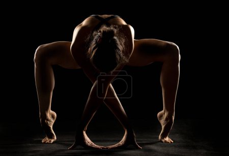 Photo for Art silhouette of a young woman doing yoga exercise. Yoga pose on black studio background. - Royalty Free Image