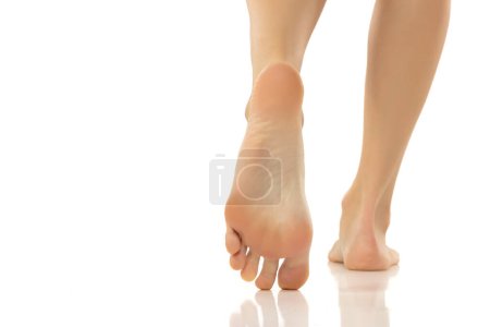 Photo for Closeup of female bare feet standing on white studio background - Royalty Free Image