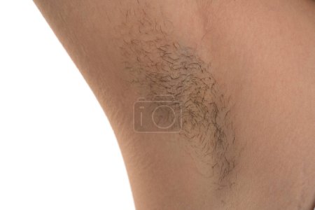 Photo for Hairy female armpit, isolated on white studio background, close-up, unshaven, a lot of hair on armpit - Royalty Free Image