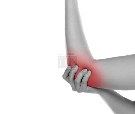 Photo for Cropped image woman with joint inflammation. Female's elbow on a white studio background - Royalty Free Image