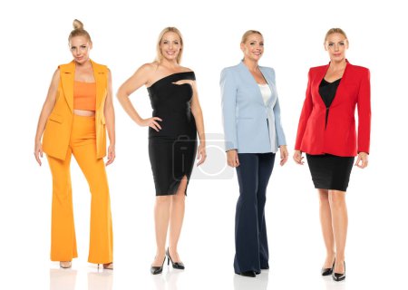 Photo for Collage of a same middle aged senior woman in different clothes posing on a white studio background - Royalty Free Image