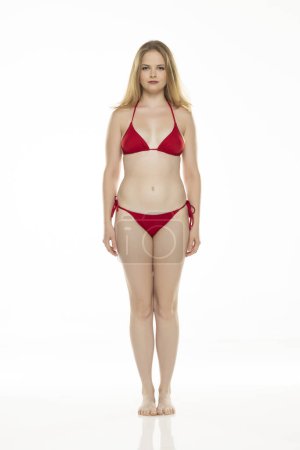Téléchargez les photos : Corps complet, vue de face jeune femme blonde en bikini posant sur fond de studio blanc - en image libre de droit