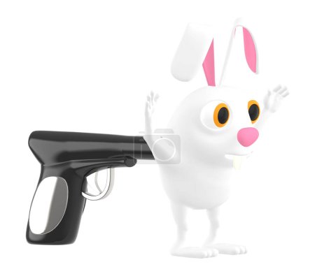 Foto de 3d carácter, conejo levantando las manos en un punto de pistola - 3d toon rendering - Imagen libre de derechos
