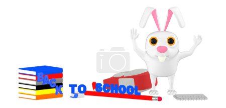 Photo for 3d character , rabbit rasing hands- school bag- books -pencil -rubber -notepad on the floor , back to school concept - 3d toon rendering - Royalty Free Image