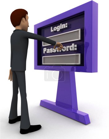 3d man entering login and password concept on white background, sideangle view