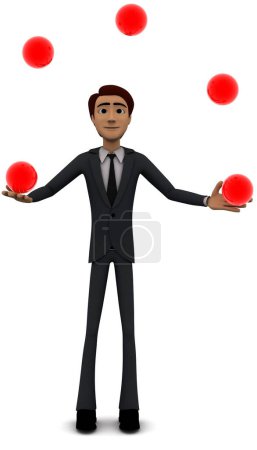 Téléchargez les photos : Homme 3d jonglant avec le concept de boules sur fond blanc - rendu 3d, vue de l'angle avant - en image libre de droit