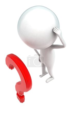 Photo for 3d man scraching head and looking at question mark concept in white isolated background , side angle view - Royalty Free Image
