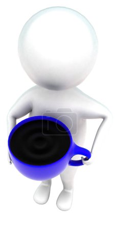 Photo for 3d man holding a cup of coffee in hands conept in white isolated background - 3d rendering , top angle view - Royalty Free Image