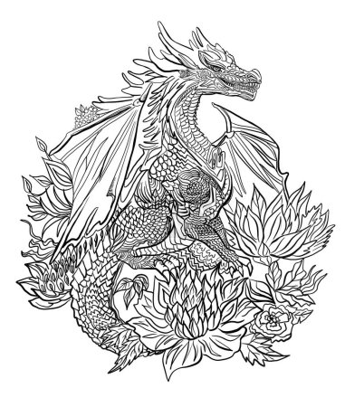  Whimsical black and white dragon amidst blooming flowers,coloring page