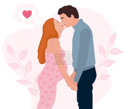Illustration for Vector illustration of a couple in love of a pregnant woman and her beloved man on a pink background with monochrome leaves and heart.Drawings for cards, postcards, greetings and posters. - Royalty Free Image