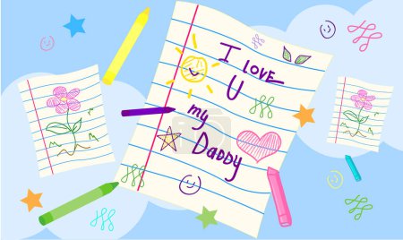 Téléchargez les illustrations : Une feuille de papier avec des mots d'amour pour le père de l'enfant sur un fond bleu avec différents crayons, crayons, griffes et fleurs - en licence libre de droit