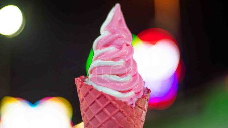 Photo for Close up shot of ice cream cones vanilla and strawberry ice creams colorful backgrounds bright colors fun fun - Royalty Free Image