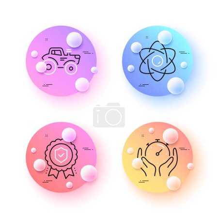 Illustration for Atom core, Tractor and Timer minimal line icons. 3d spheres or balls buttons. Insurance medal icons. For web, application, printing. Nuclear power, Farm transport, Deadline management. Vector - Royalty Free Image