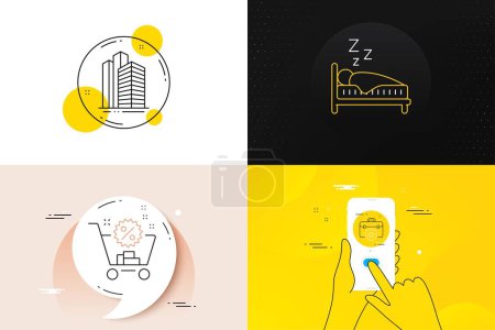 Illustration for Minimal set of Sleep, Skyscraper buildings and Shopping cart line icons. Phone screen, Quote banners. Medical insurance icons. For web development. Human in bed, Town architecture, Discount. Vector - Royalty Free Image
