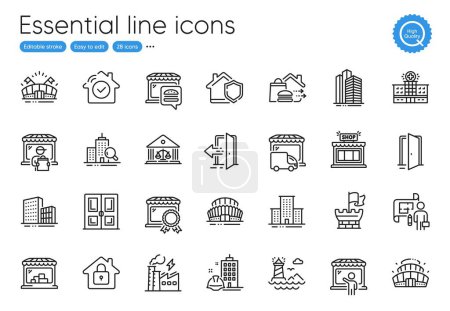 Plan, Skyscraper buildings and Open door line icons. Collection of Home insurance, Buildings, Arena stadium icons. Lighthouse, Delivery truck, Hospital building web elements. Door. Vector