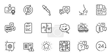Outline set of Question bubbles, Refresh bitcoin and Card line icons for web application. Talk, information, delivery truck outline icon. Include 24 hours, Chemistry pipette, Fake news icons. Vector