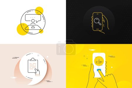 Illustration for Minimal set of Search app, Interview job and Helping hand line icons. Phone screen, Quote banners. Clipboard icons. For web development. Find smartphone, Consulting, Startup palm. Vector - Royalty Free Image