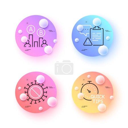 Illustration for Quick tips, Ab testing and Clipboard minimal line icons. 3d spheres or balls buttons. Coronavirus icons. For web, application, printing. Helpful tricks, Test chart, Caution document. Vector - Royalty Free Image