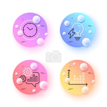 Illustration for Time change, Electricity bulb and Dot plot minimal line icons. 3d spheres or balls buttons. Cogwheel icons. For web, application, printing. Clock, Electric energy, Presentation graph. Vector - Royalty Free Image