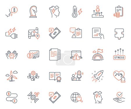 Illustration for Education icons set. Included icon as Electricity plug, Stress and Rejected payment web elements. Internet search, Copy documents, Approved icons. Map, Genders, Safe time web signs. Vector - Royalty Free Image