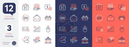 Illustration for Set of Hold box, Talk bubble and Airplane wifi line icons. Include Graph chart, Swipe up, Secure mail icons. Stop voting, Circus tent, Coins web elements. Best buyers, Mail, Water bottles. Vector - Royalty Free Image