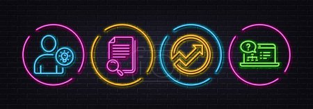 Illustration for Audit, User idea and Search file minimal line icons. Neon laser 3d lights. Online help icons. For web, application, printing. Arrow graph, Light bulb, Find document. Web support. Vector - Royalty Free Image