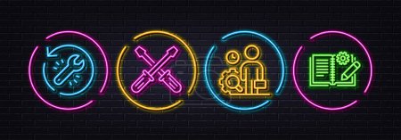 Illustration for Screwdriverl, Recovery tool and Inspect minimal line icons. Neon laser 3d lights. Engineering documentation icons. For web, application, printing. Repair tool, Backup info, Work quality. Vector - Royalty Free Image